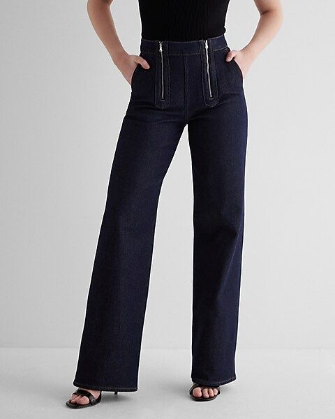 High Waisted Rinse Exposed Double Zipper Wide Leg Jeans | Express
