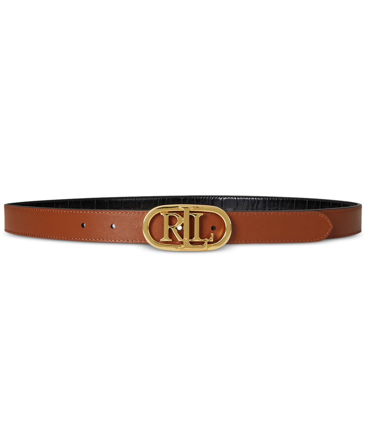 Lauren Ralph Lauren Logo Reversible Embossed Leather Skinny Belt - Black/lauren Tan | Macy's
