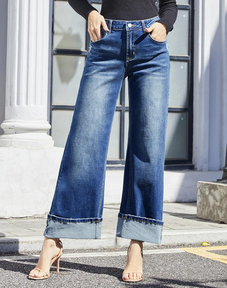 Womens Wide Leg Jeans High Waisted Stretchy Cuffed Baggy Denim Pants | Amazon (US)