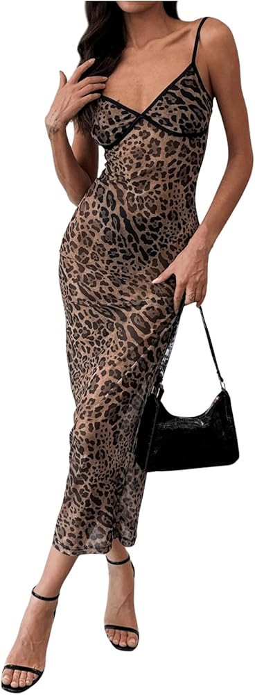 GORGLITTER Women's Cheetah Leopard Y2k Mesh Bodycon Dress Lace Trim Sleeveless Maxi Cami Dresses | Amazon (US)
