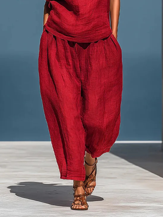 Linen Casual Plain Distressing Baggy Pants | Stylewe