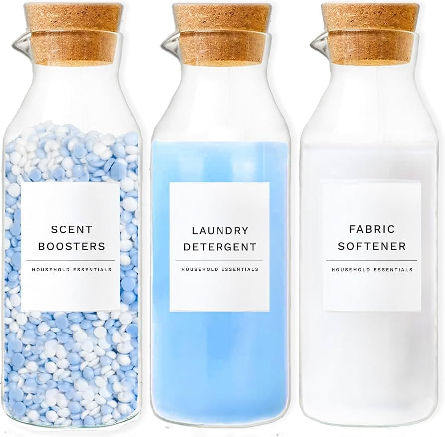 Glass Laundry Detergent Dispenser Set with Cork Lids, Fabric Softener Dispenser, Easy Pour 3 Pack... | Amazon (US)