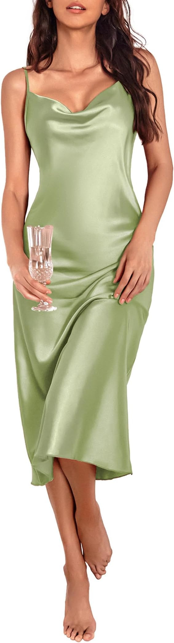 Ekouaer Womens Satin Nightgown Sexy Lingerie Sleepwear Spaghetti Strap Cowl Neck Elegant Long Sli... | Amazon (US)