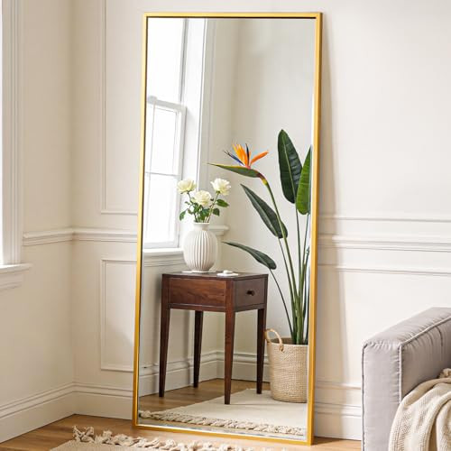 OLIXIS 64"x 21.5" Mirror Full Length, Full Body Mirror with Stand, Hanging or Leaning for Wall, Floor Standing with Shatter-Proof Glass for Bedroom, Living Room, Long, Gold | Amazon (US)