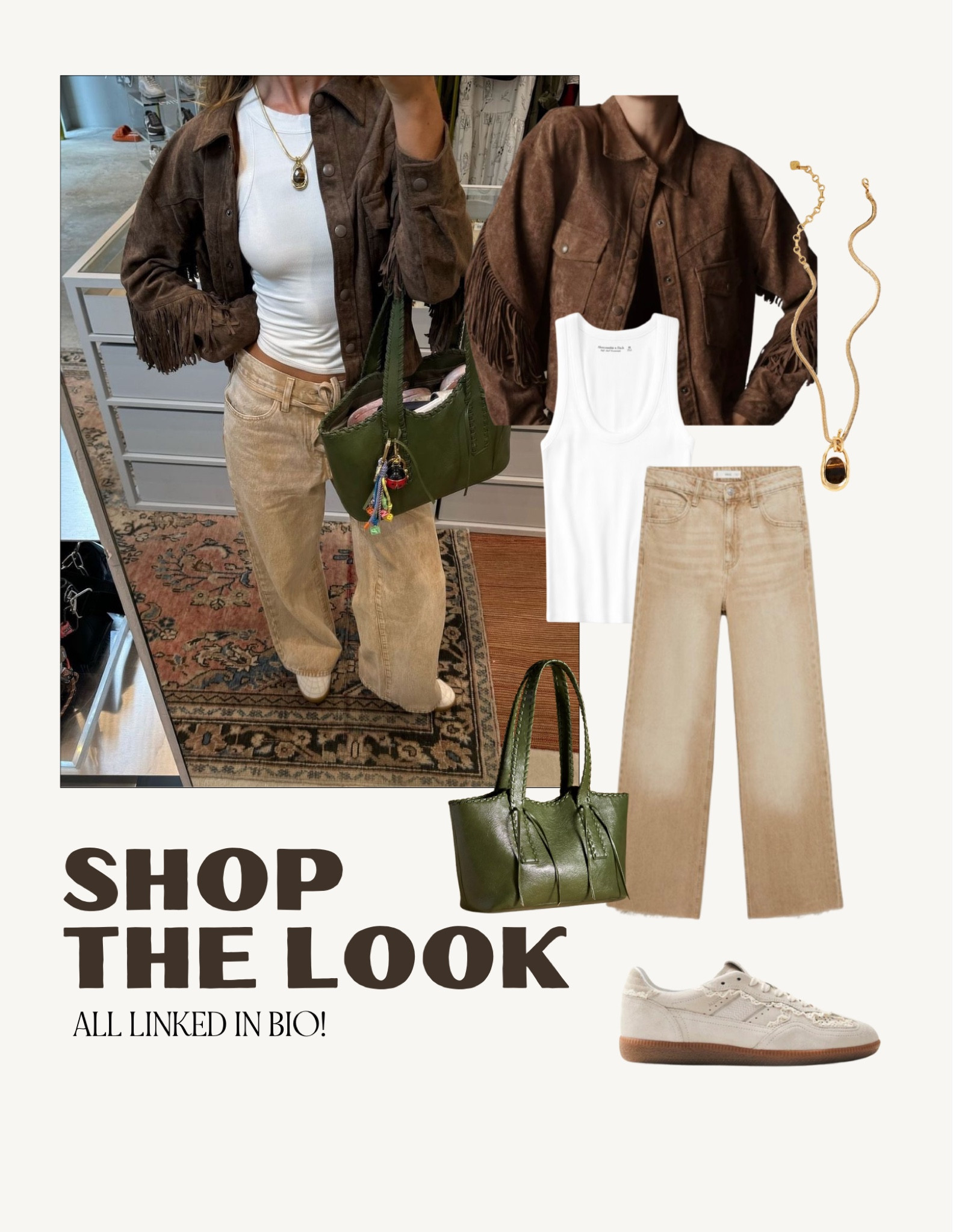 fall outfit ideas: suede jacket, white tank top, tan jeans, cream sneakers, green bag