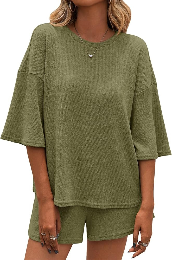 Tankaneo Womens 2 Piece Outfits Sweater Set Lounge Sets 3/4 Sleeve Oversized Tops and Elastic Wai... | Amazon (US)