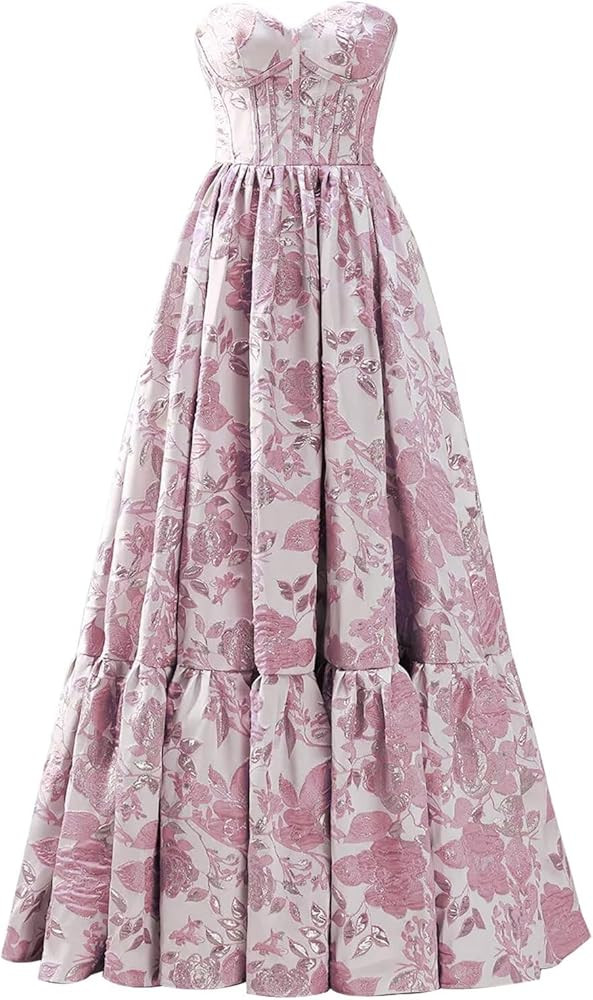 Mollyevers Satin Floral Jacquard Prom Dresses for Women Strapless Corset Long Formal Evening Gown... | Amazon (US)