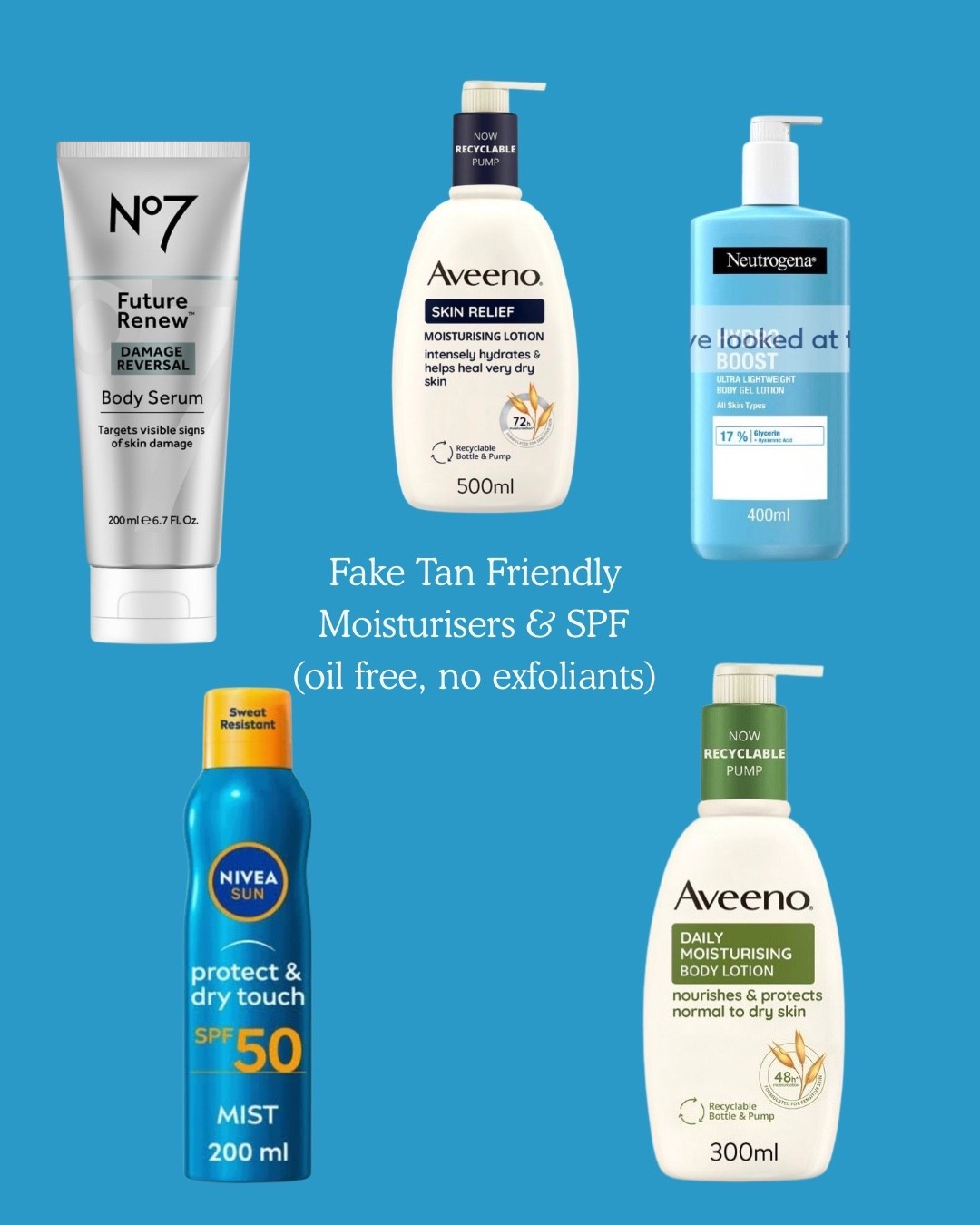 Looking for a body moisturiser that won’t strip your fake tan? It needs to be oil free and shouldn’t contain any liquid exfoliating ingredients like glycolic acid etc… these are good affordable options. 