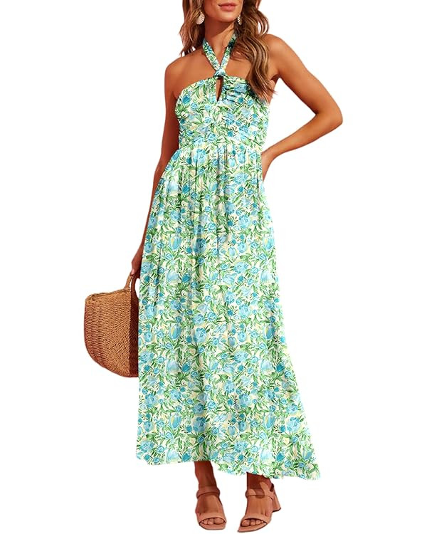 Dokotoo Women's Summer Dresses Halter Neck Sleeveless Backless Flowy A Line Boho Maxi Dress | Amazon (US)