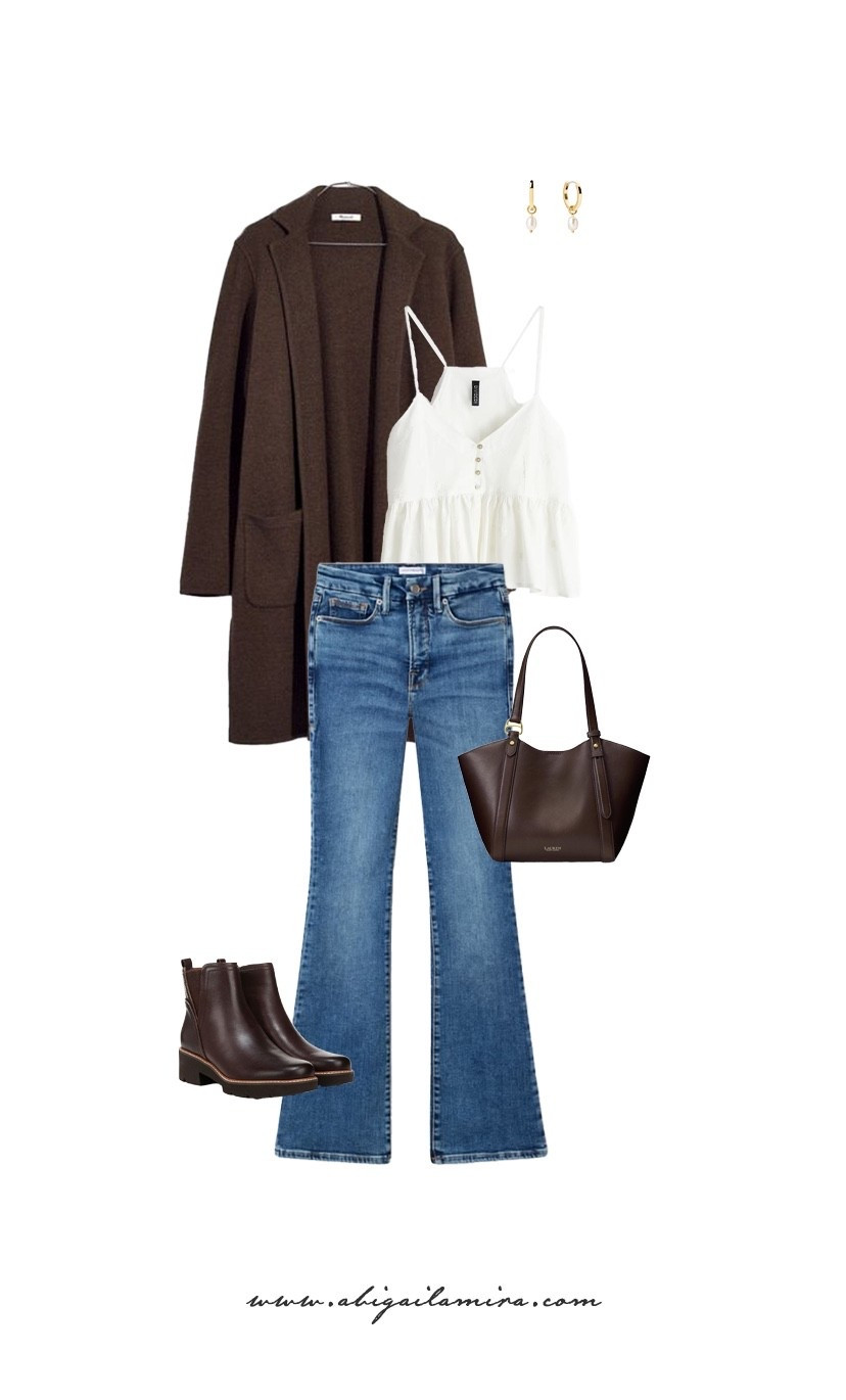 For those in-between days when you want to look polished without feeling overdressed, this outfit strikes the perfect balance. A cozy chocolate-brown blazer layered over a feminine white camisole looks soft and effortless, while classic blue jeans and brown ankle boots keep it grounded and practical. Add a structured brown tote and delicate gold earrings for an easy, timeless outfit that takes you from work to dinner. See the full post on the blog!

#LTKdatenight #LTKworkwear #LTKautumn