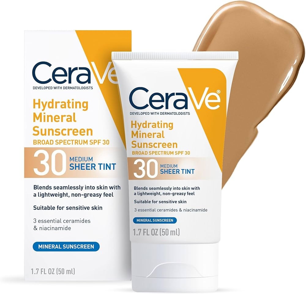 CeraVe Hydrating Mineral Sunscreen SPF 30 with Sheer Tint, Tinted Mineral Sunscreen with Zinc Oxi... | Amazon (US)