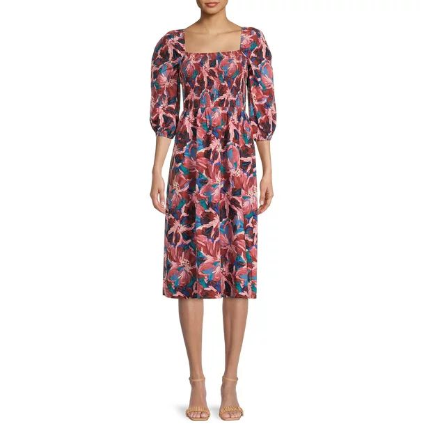 Time and Tru Women's 3/4 Sleeve Smocked Midi Dress | Walmart (US)