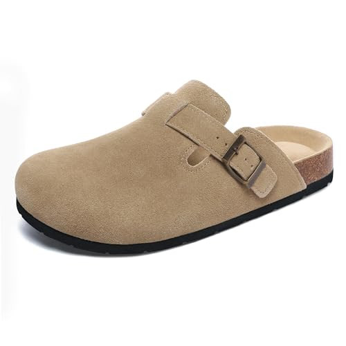 Women's Suede Leather Clogs Slip on Comfortable Home Mules Khaki Clogs Shoes with Arch Support Size 8 | Amazon (US)