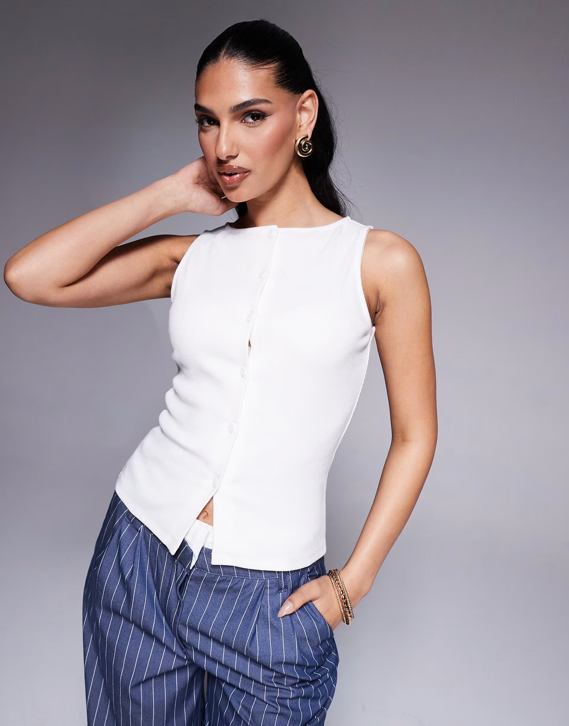 ASOS DESIGN wide neck button through tank top in ivory | ASOS (Global)