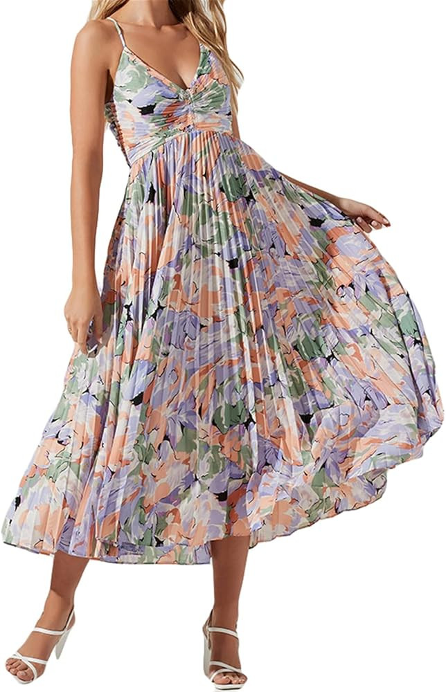 Recious Womens Sexy Spaghetti Strap Sleeveless Printed Bodycon Pleated Party Clubwear Dress | Amazon (US)