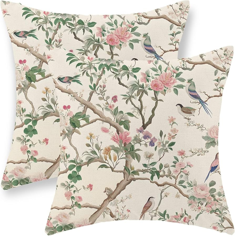 Chinoiserie Pillow Covers 18x18 Set of 2 Pink Green Floral Bird Pillow Cases Vintage Flower Seaso... | Amazon (US)