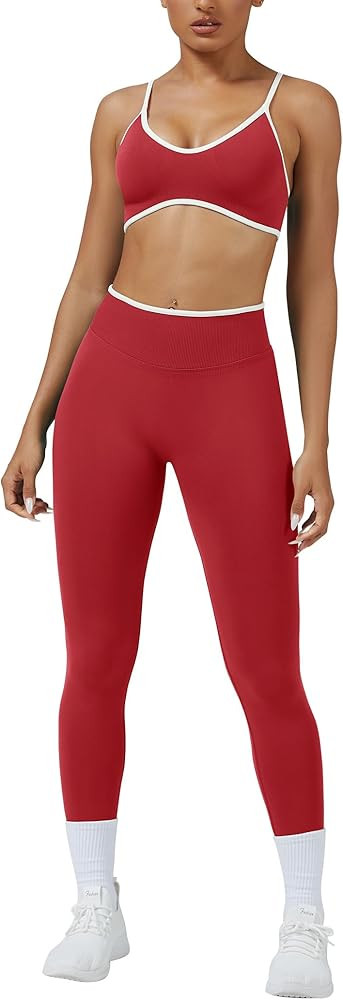 ABOCIW Womens 2 Piece Workout Sets Seamless Color Block Sports Bra Scrunch Butt Lifting High Wais... | Amazon (US)