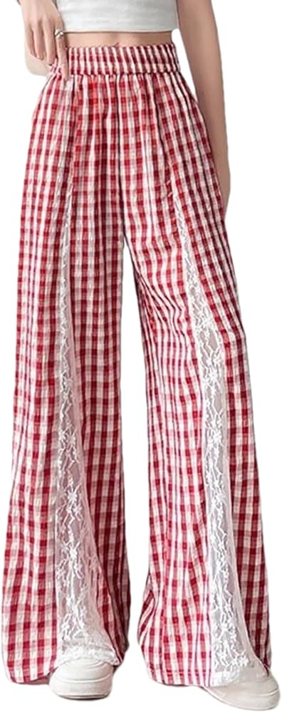Womens Plaid Wide Leg Pants Lace Patchwork Gingham Pants High Waist Palazzo Lounge Trousers with ... | Amazon (US)