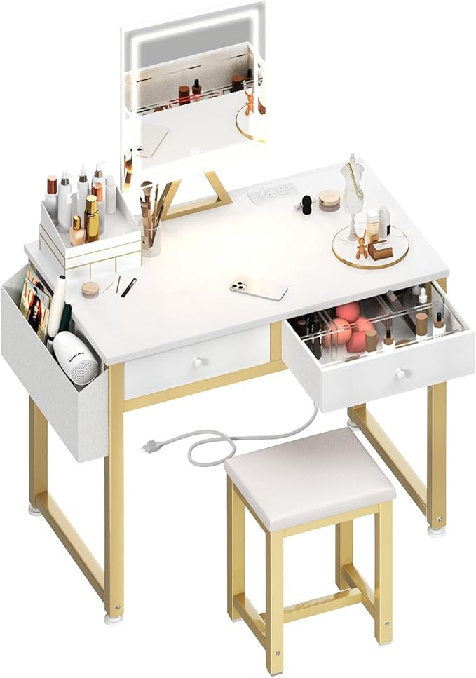 Lufeiya Small Makeup Vanity Desk with Fabric Drawers, 32 inch White Vanity Desks with Mirror and ... | Amazon (US)