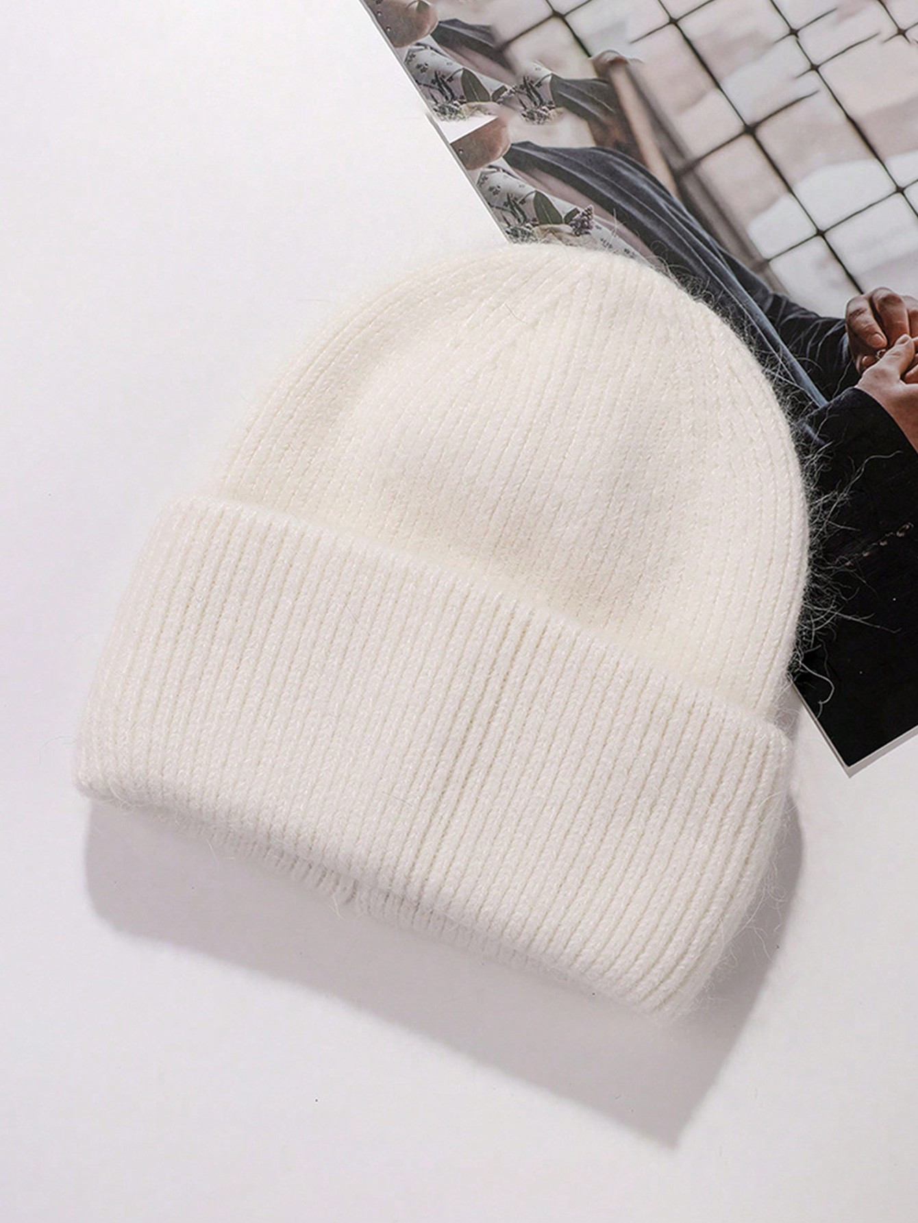 FADZOYLE Cute 1ps White Knit Cuffed Beanie Hats For Women Winter Fur Knitted Caps Soft Slouchy Wa... | SHEIN