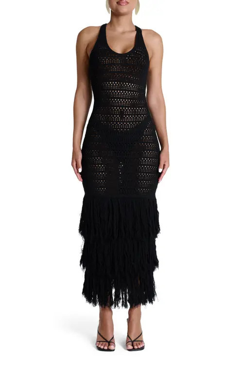 Naked Wardrobe Open Stitch Fringe Midi Dress in Black at Nordstrom, Size Medium | Nordstrom