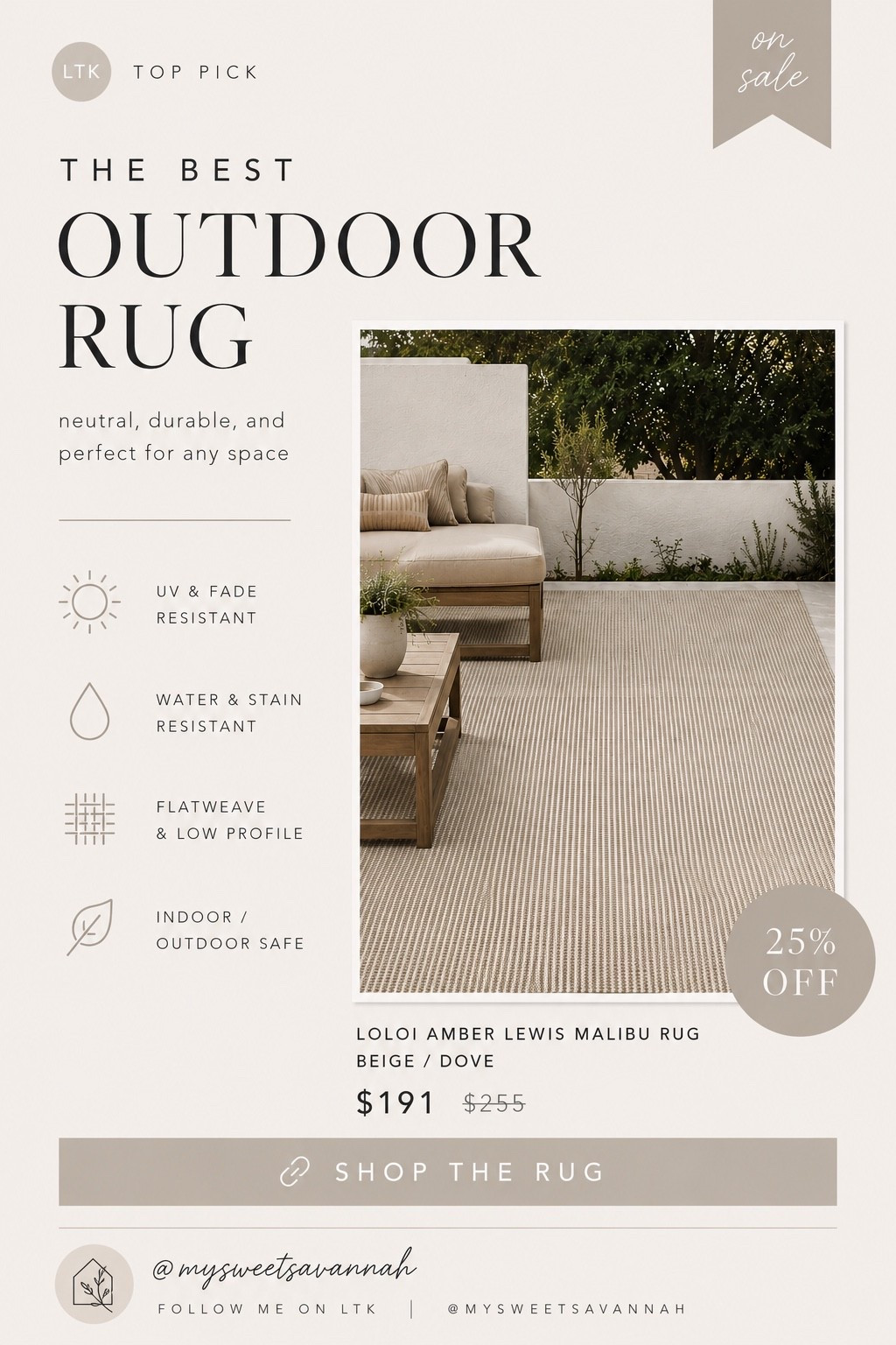 Neutral Outdoor Rug Finds

The outdoor rug that instantly makes a patio feel more elevated. I love the soft neutral tones, subtle texture, and how high-end it looks for the price. Durable enough for outdoor living but pretty enough to use indoors too. Perfect for layering into a cozy rustic modern outdoor space.

#LTKSeasonal #LTKSaleAlert #LTKHome