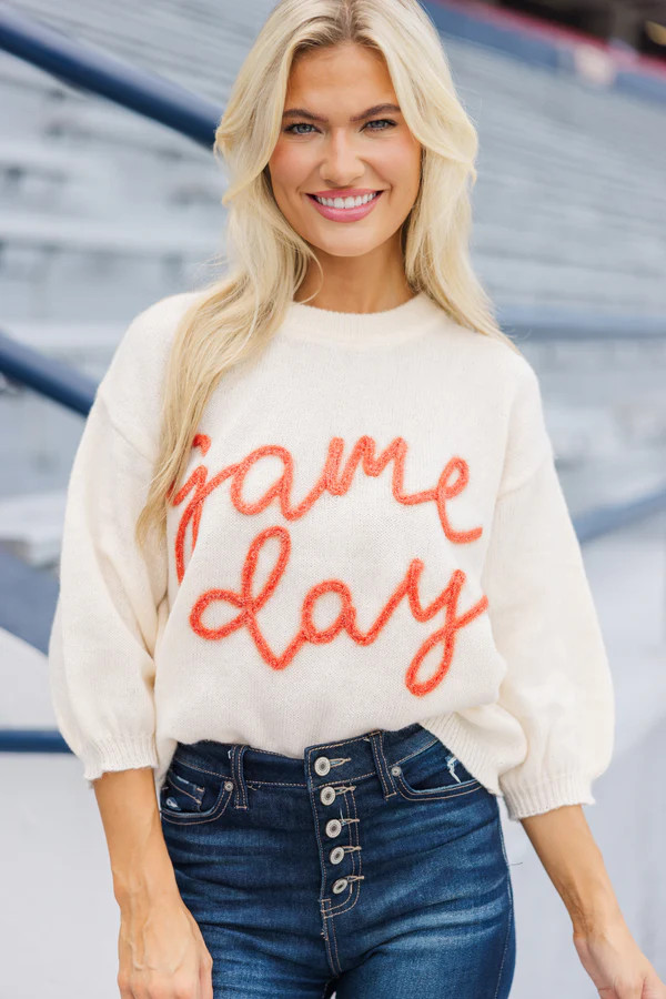 It's Game Day Ivory/Orange Puff Sleeve Sweater | The Mint Julep Boutique