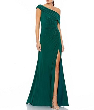 Mac Duggal One Shoulder Cap Sleeve Ruched Thigh High Slit Faux Wrap Gown | Dillard's | Dillard's