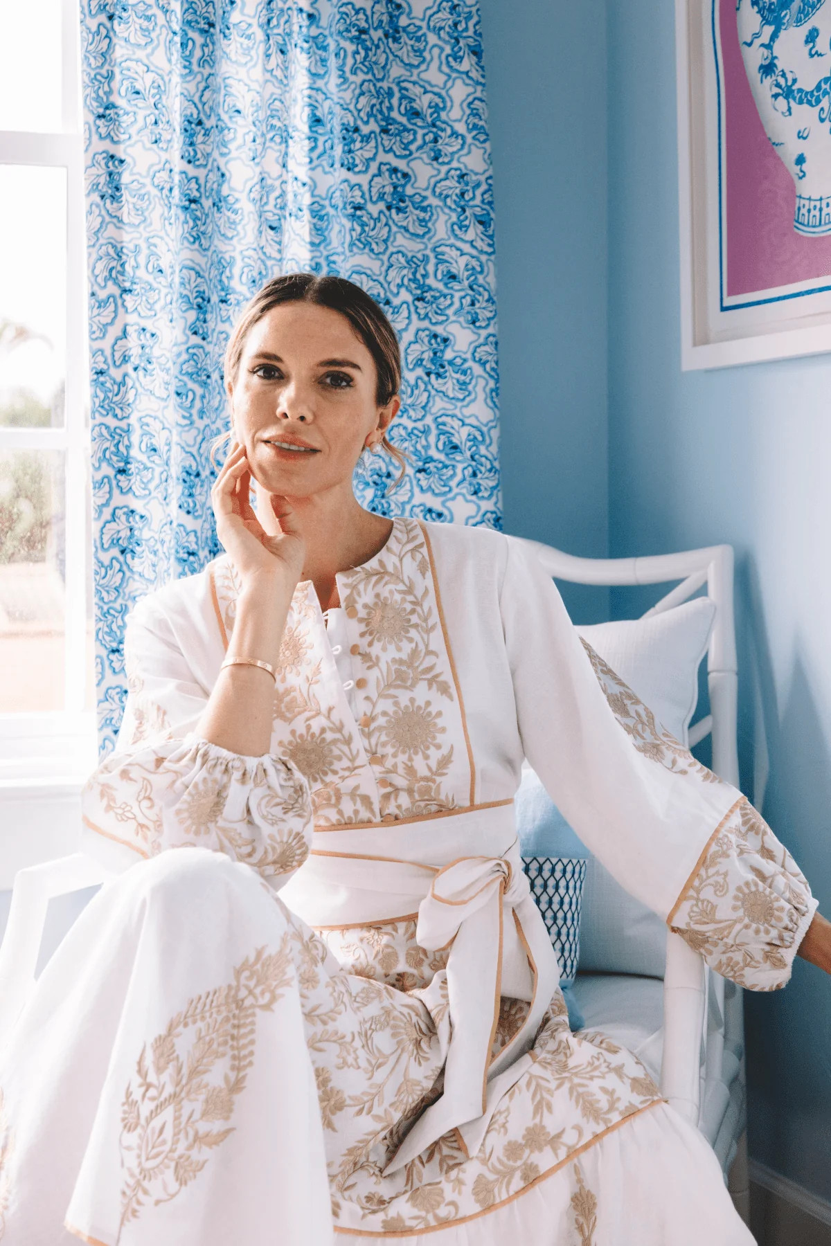 Jewel Neck Sue Sartor Flounce™️ | Ecru/White Embroidered Sultan Floral | SUE SARTOR