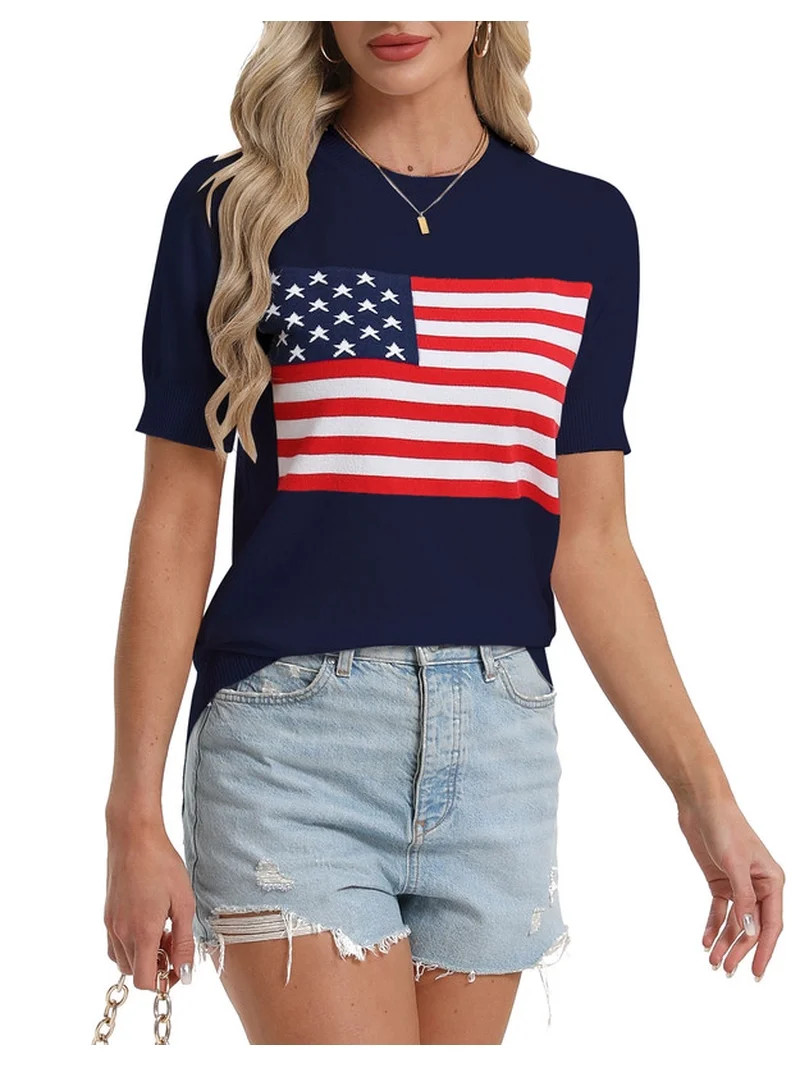 Blouses Tops for Women 4Th of July American Flag Printed Short Sleeve Knited Sweater Pullover Top... | Walmart (US)