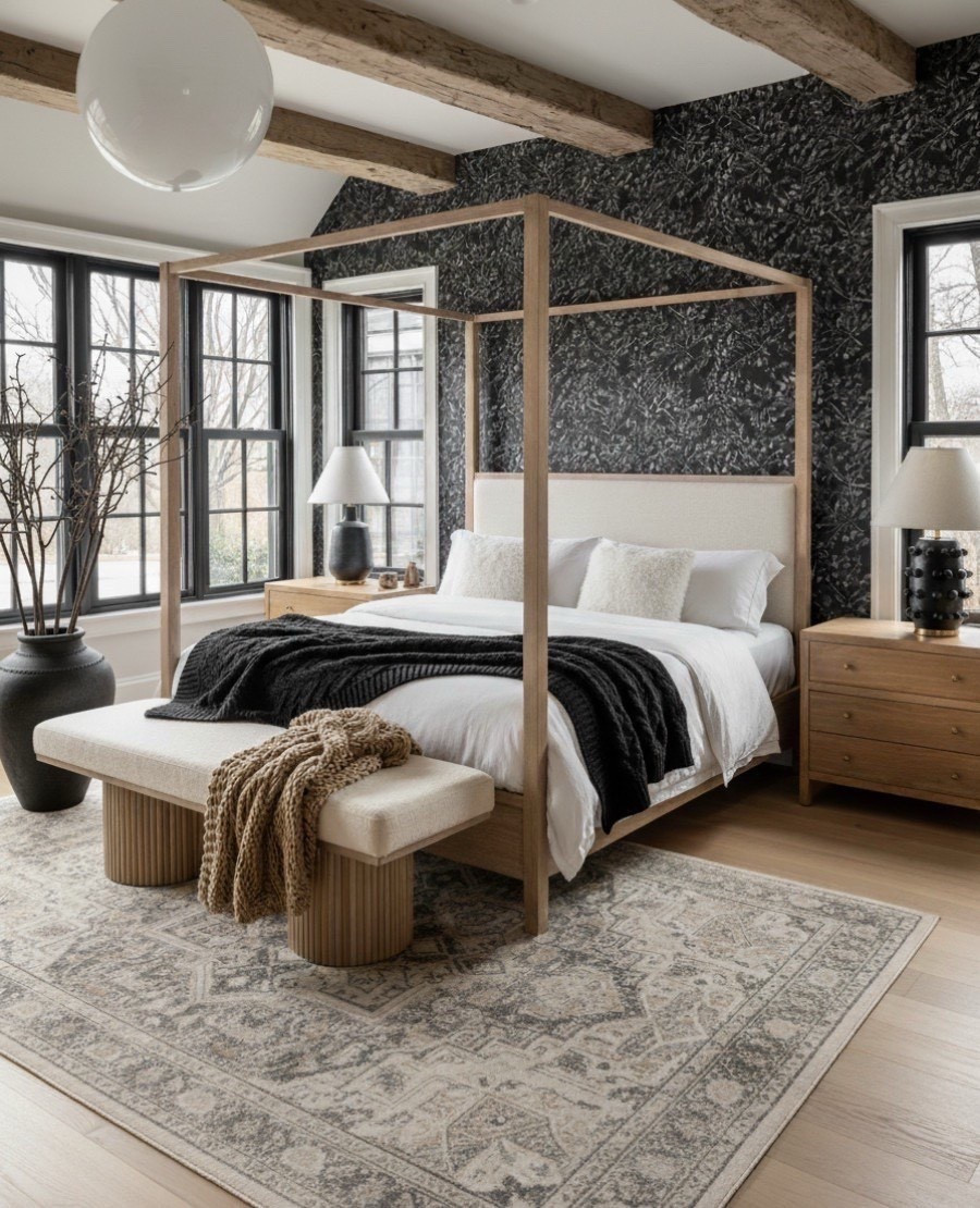 Where modern contrast meets natural warmth 🖤
This space layers bold and soft elements to create a bedroom that feels both elevated and inviting. The focal point — a light oak canopy bed with a textured upholstered headboard — anchors the room with clean architectural lines. Behind it, a charcoal botanical wallpaper adds depth and dimension, offering a modern take on pattern play.

Oak nightstands and a fluted-leg upholstered bench bring in natural materials that echo the exposed wood ceiling beams, while a hand-knotted area rug softens the palette with muted neutrals. The look is finished with ceramic table lamps, a chunky knit throw, and a black woven blanket, creating the perfect mix of warmth and sophistication. 


#LTKSaleAlert #LTKHome