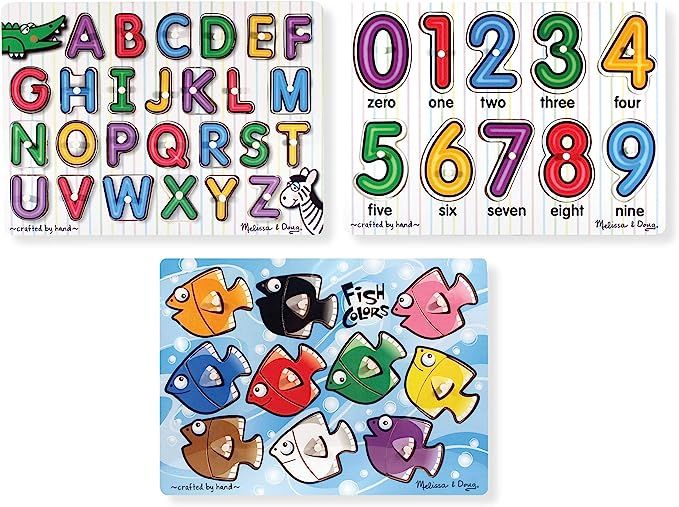 Melissa & Doug Classic Wooden Peg Puzzles (Set of 3) - Numbers, Alphabet, and Colors | Amazon (US)