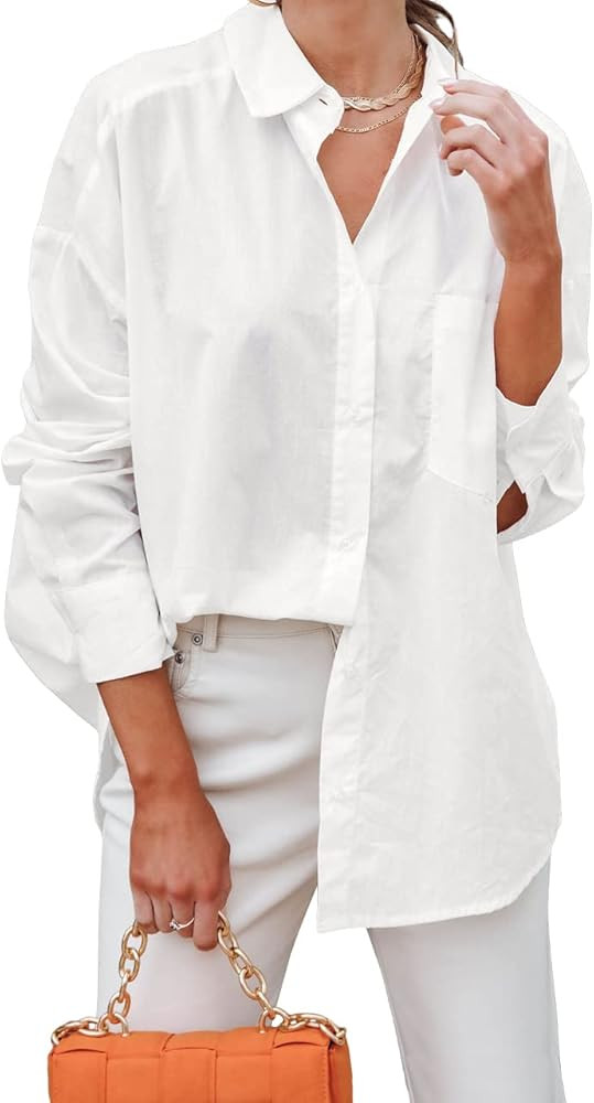 BONITEE Women's Long Sleeve Oversized Button Down T Shirt Blouse Top Casual Work Shirt | Amazon (US)