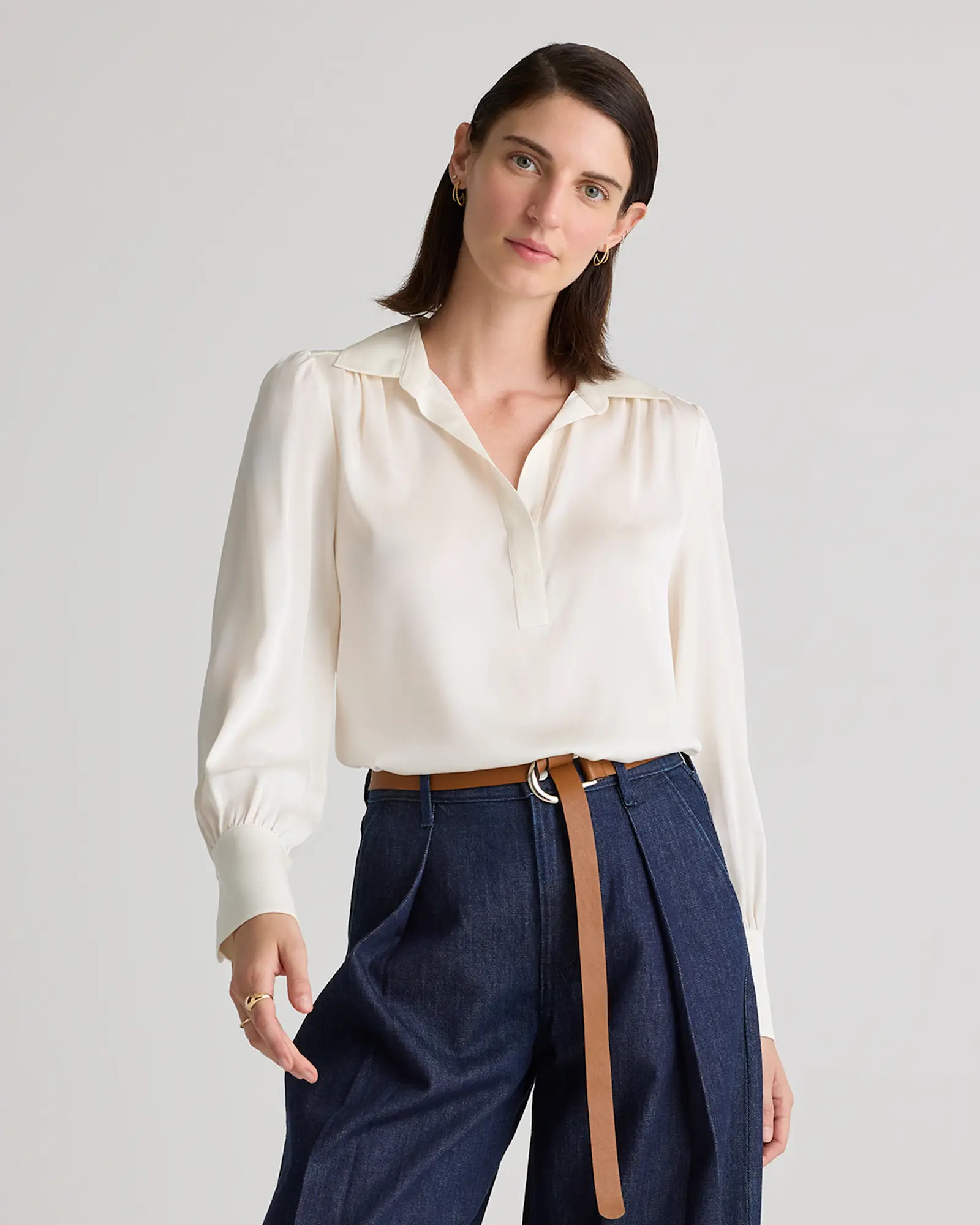 Washable Stretch Silk Split Neck Blouse  in Ivory | Quince