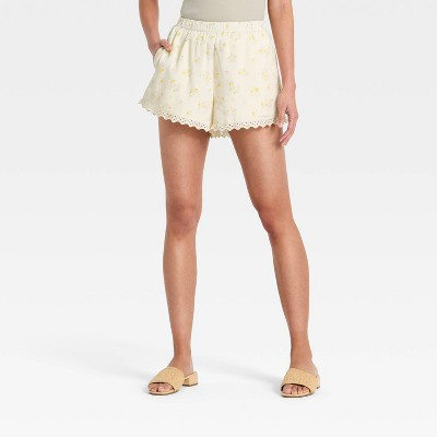 Women's Lace Trim Printed Fashion Pull-On Shorts - A New Day™ Yellow Floral S | Target