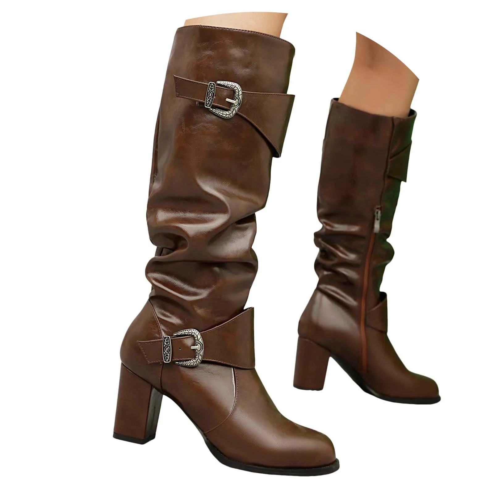 Mostsola Slouchy Boots for Women Buckle Strappy Zip up Mid Calf Boots Block Heel Tall Boots | Walmart (US)