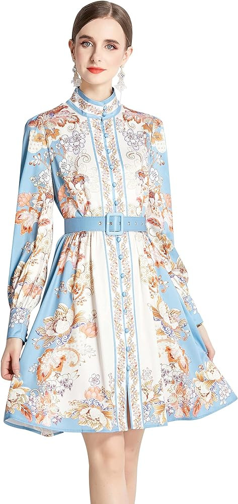 LAI MENG FIVE CATS Women's Floral Print Button up Lantern Sleeve Casual Shirt Dress A-line Mini D... | Amazon (US)