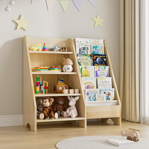 Kids Bookshelf, Solid Wood Bookshelf Bookcase Storage Organizer for Children, 4 Tier Bookshelf 5 Layer Sling Bookcase Toddler Book Rack Storage Organizer for Kids Room Nursery Play Room Kindergarten | Amazon (US)