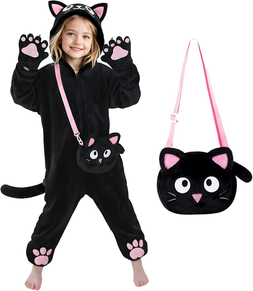 Cat Costume for Kids with Bag, Black Cat Halloween Costumes for Girls Animal Onesie Dress Up | Amazon (US)