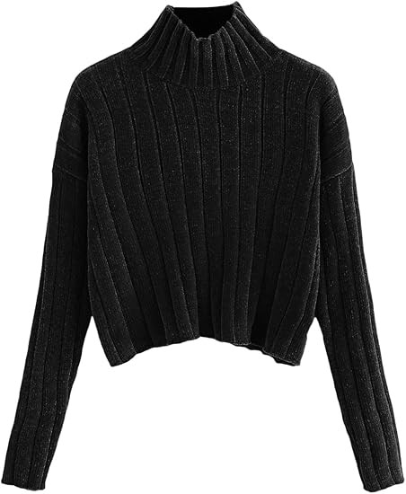 SheIn Women's High Neck Drop Shoulder Raw Hem Crop Sweater Pullovers | Amazon (US)