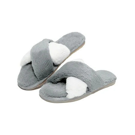Memory Foam Sandal House Slippers Women Pink and Grey Cross Band Foam Slipper Cute Furry Fluffy Slip | Walmart (US)