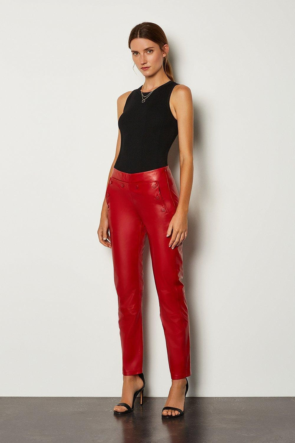 Leather Button Detail Trouser | Karen Millen UK & IE