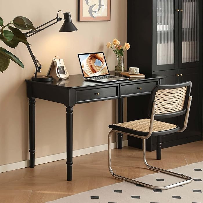YESWOOD Solid Wood Desk with Double Drawers, Rubber Vintage Desk, Black Computer Desk with Carved... | Amazon (US)