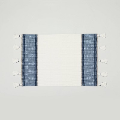20" x 32" Color Block Stripe Tassels Bath Rug Faded Blue/White - Hearth & Hand™ with Magnolia | Target