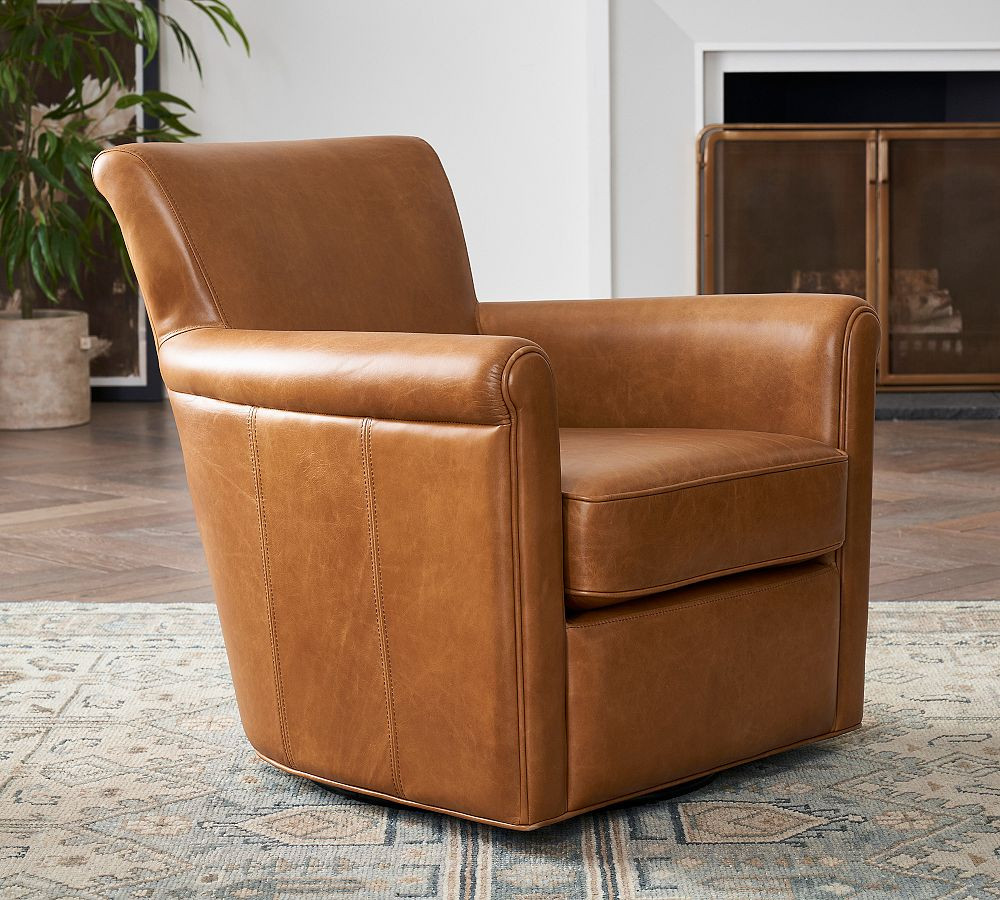 Irving Roll Arm Leather Swivel Armchair | Pottery Barn (US)