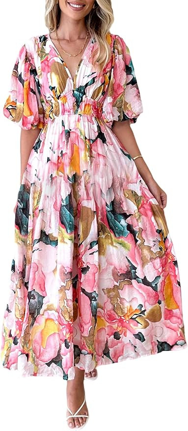 Sissyaki Women's Boho Floral Midi Dress Smocked Beach Flowy Dress | Amazon (US)