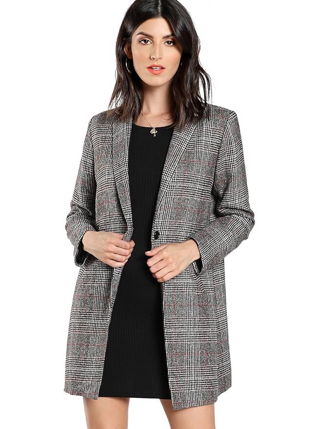 SheIn Women's Lapel Collar Coat Long Sleeve Plaid Blazer Outerwear | Amazon (US)