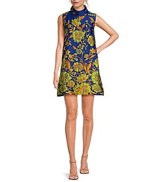 Buru Floral Brocade Mock Neck Sleeveless Shift Mini Dress - M | Dillard's