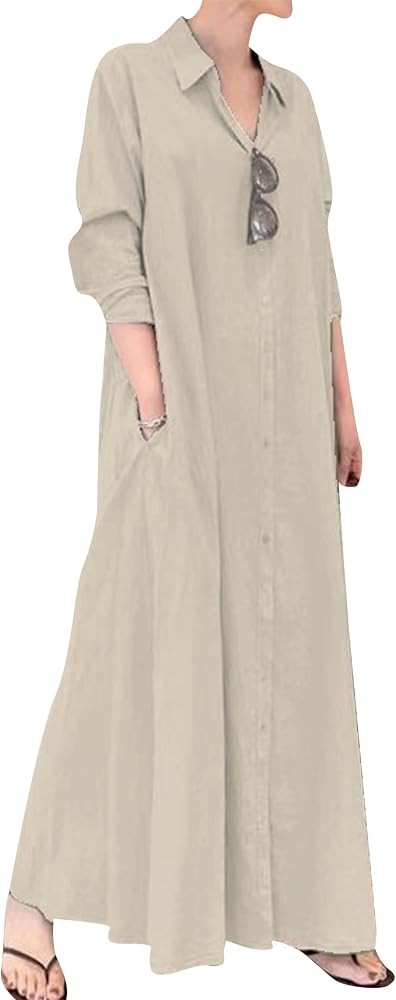 Women's Summer V Neck Long Dress Long Sleeve Solid Casual Maxi Dress Trendy Shirt Dress with Pock... | Amazon (US)