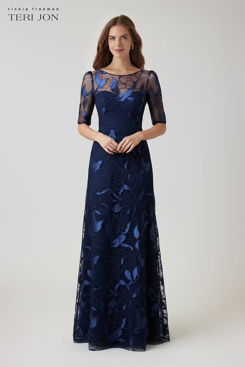Embroidered Tulle Elbow Sleeve A Line Gown | TERI JON